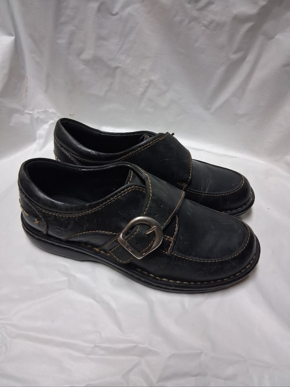 Born Women's Black Leather Buckle Slip-On Shoes Size 6 Preowned